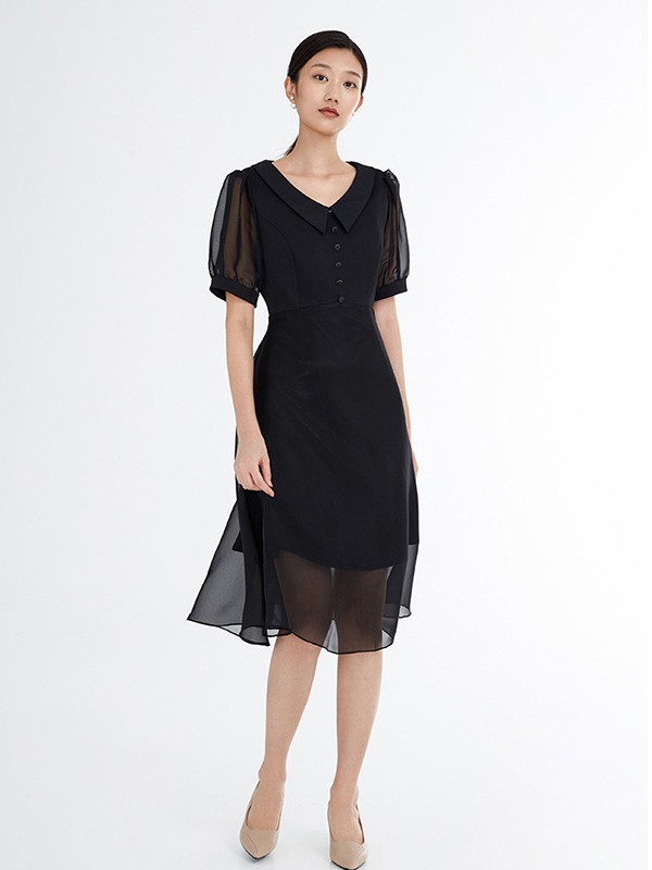 优美世界女装2023春夏季黑色连衣裙