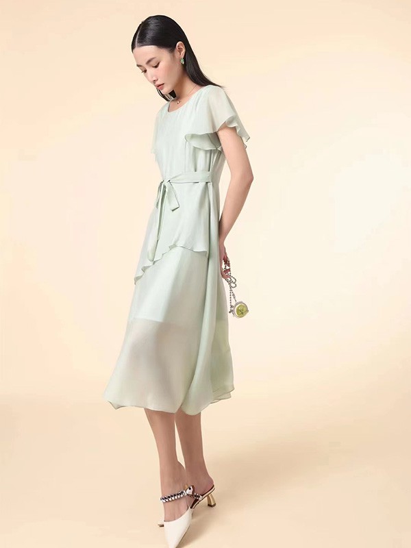 点占女装2023春夏季绿色连衣裙