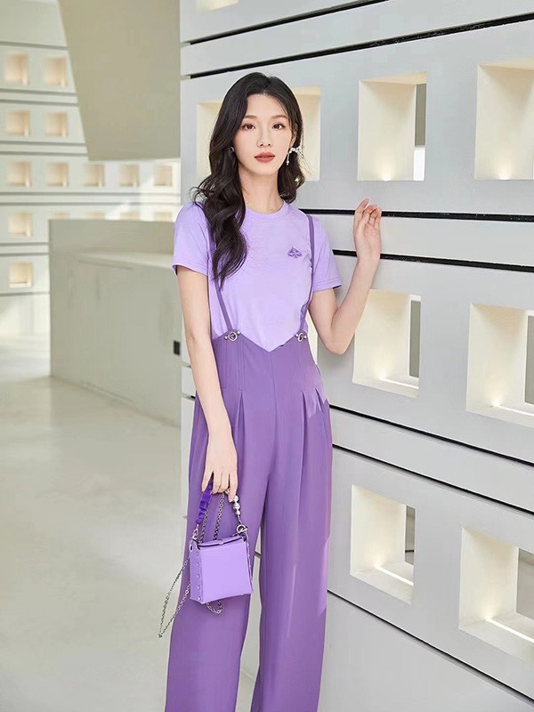 尼赫菲女装2023春夏季紫色背带裤