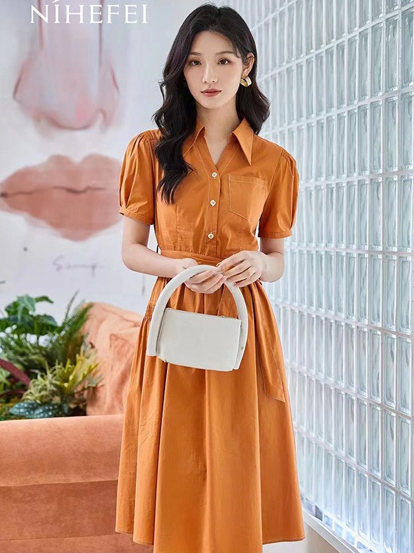 尼赫菲女装2023春夏季橙色衬衫裙