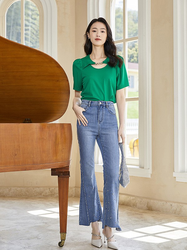 约布女装2023春夏季绿色T恤