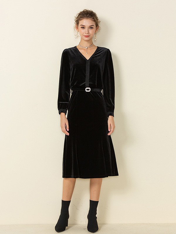 顿妮娅女装2022秋冬季黑色连衣裙