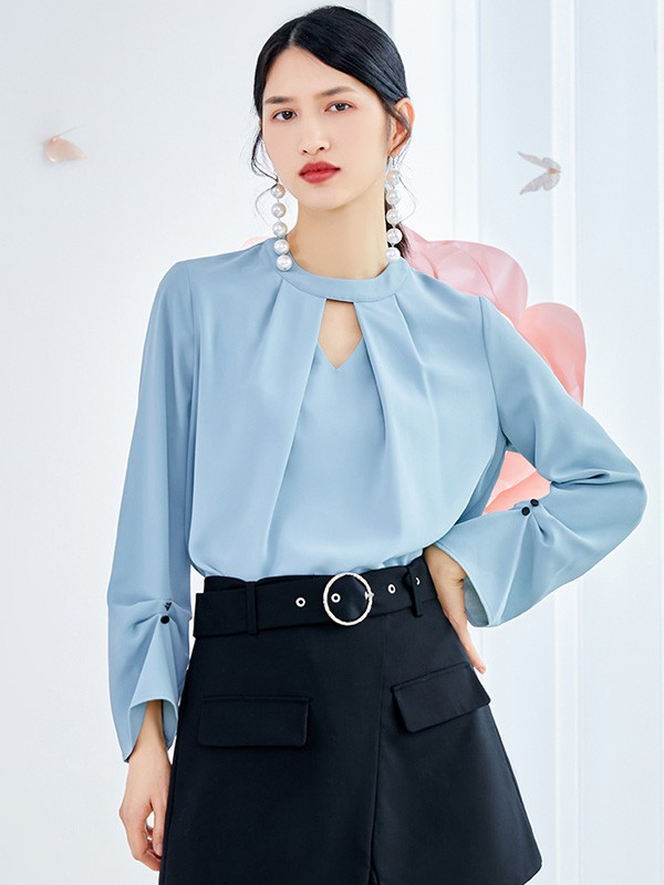 依妙女装2023春夏季蓝色衬衫