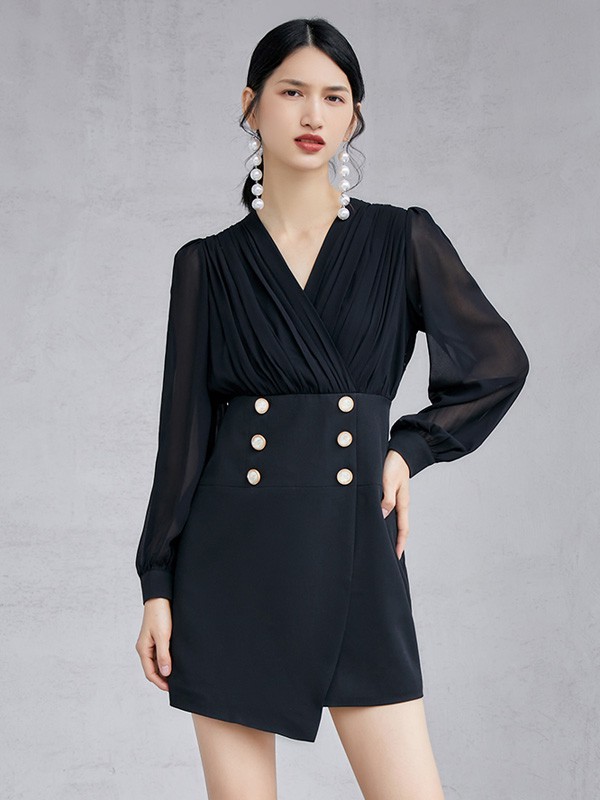 依妙女装2023春夏季黑色连衣裙