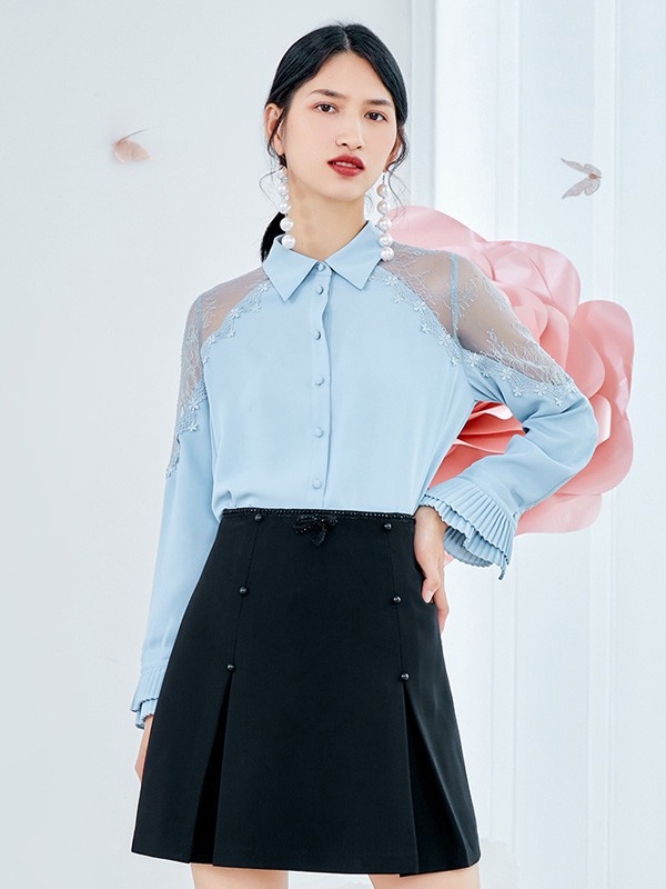 依妙女装2023春夏季蓝色衬衫