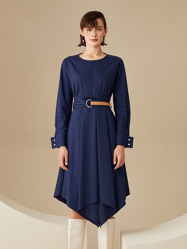 斐戈女装2022秋冬季藏蓝色连衣裙