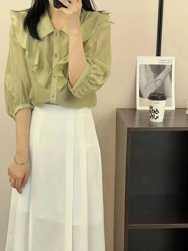 赫本家女装2023春夏季绿色衬衫