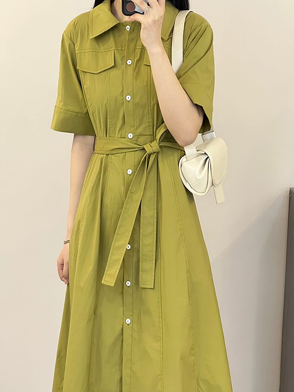 赫本家女装2023春夏季绿色衬衫裙