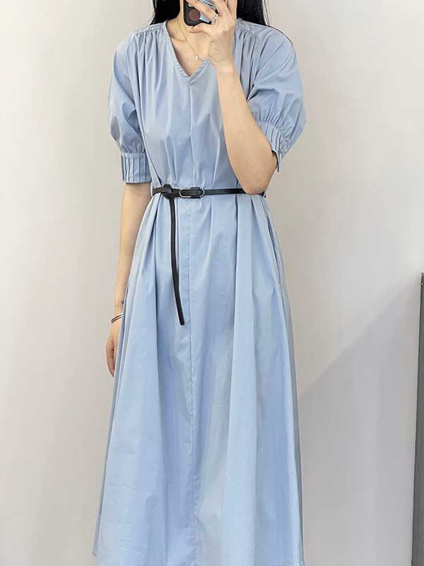 赫本家女装2023春夏季蓝色连衣裙