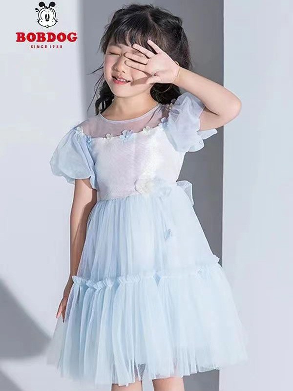 巴布豆童装2023春夏季蓝色连衣裙