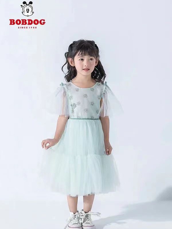 巴布豆童装2023春夏季绿色连衣裙