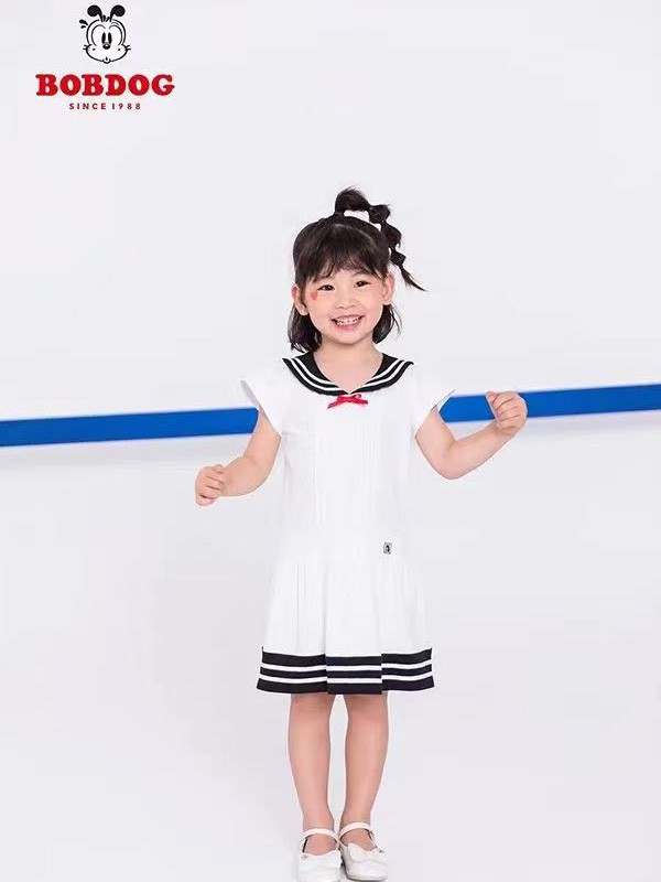 巴布豆童装2023春夏季白色连衣裙