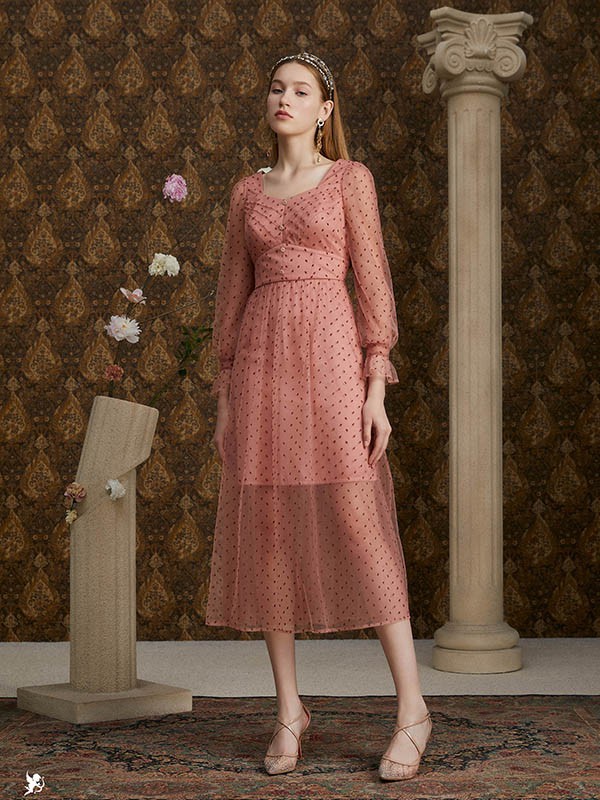 迪丽女装2023春夏季粉色连衣裙