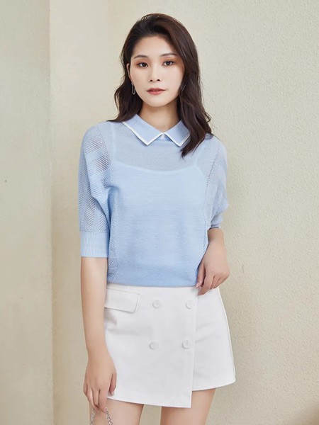 西纳维思女装2023春夏季蓝色衬衫