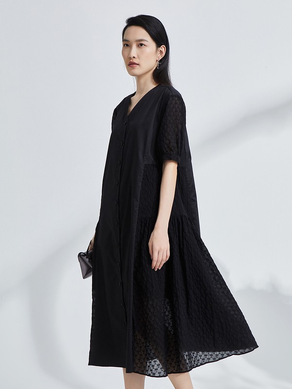 OTT女装2023春夏季黑色连衣裙