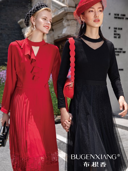 布根香女装2023春夏季红色连衣裙