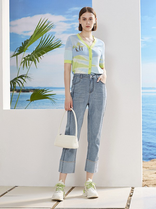 百图女装2023春夏季蓝色针织衫