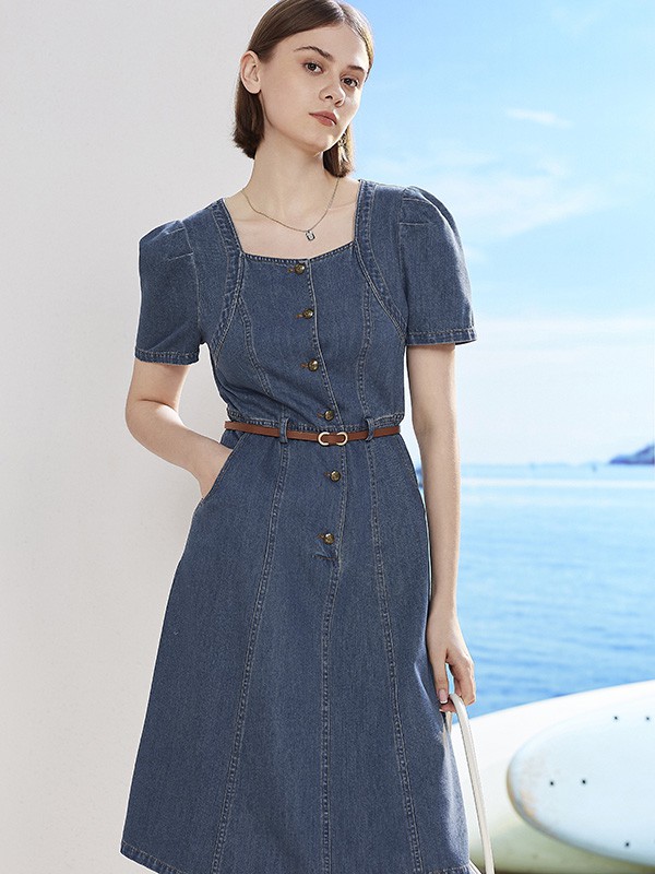 百图女装2023春夏季藏蓝色连衣裙