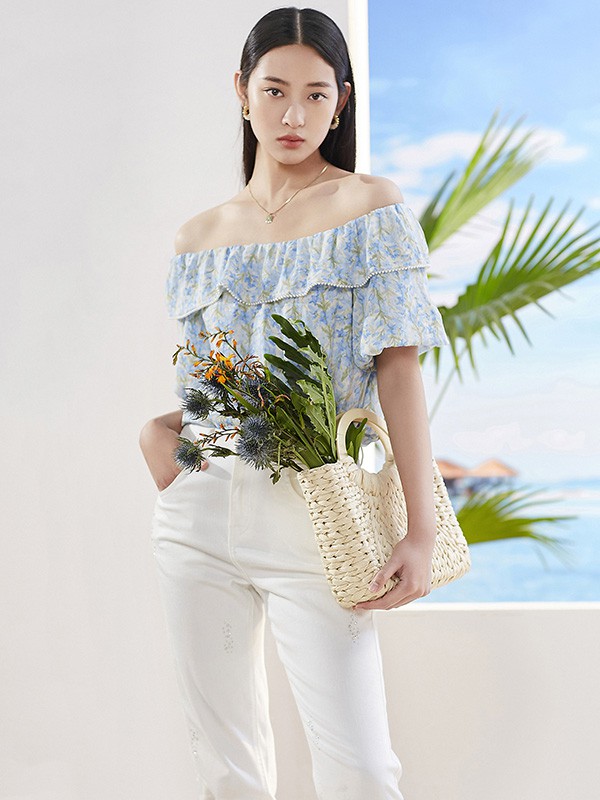 百图女装2023春夏季蓝色雪纺衫