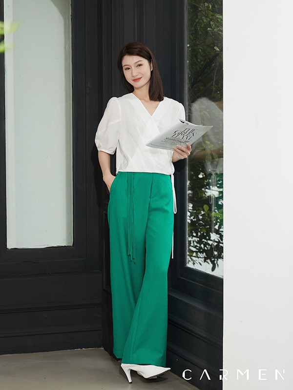 卡蔓女装2023春夏季绿色阔腿裤
