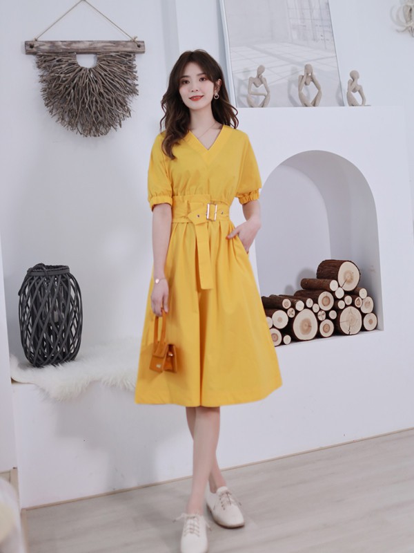 永恒颜色女装2023春夏季黄色连衣裙