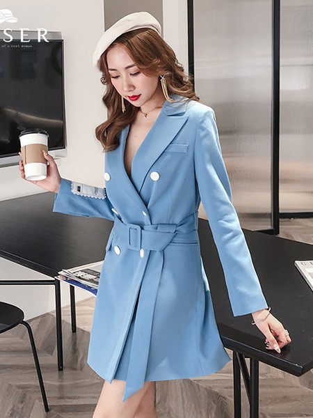 欧魅赛尔女装2023春夏季蓝色连衣裙