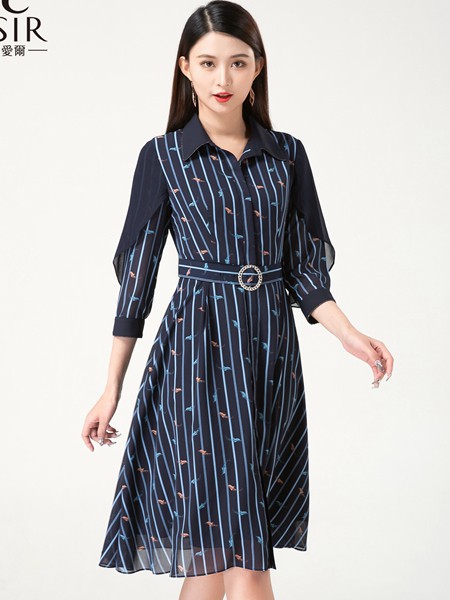 迪丝爱尔2023春夏季藏蓝色衬衫裙