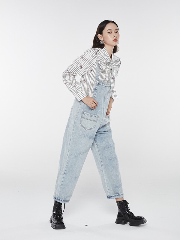 曼娅奴女装2022秋冬季蓝色背带裤