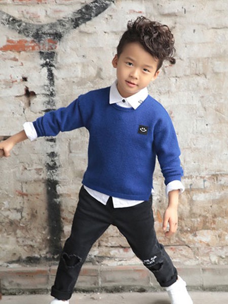 米芝儿童装2022秋冬季藏蓝色T恤