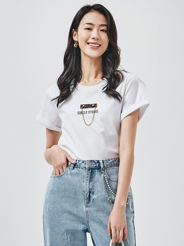 海贝女装2023春夏季白色T恤