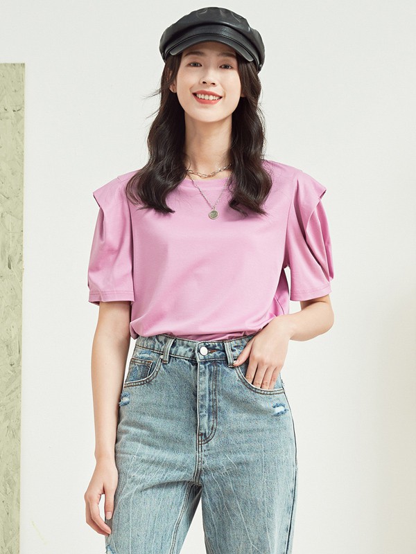 海贝女装2023春夏季粉色T恤