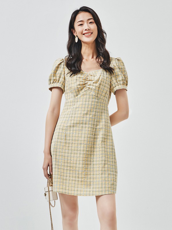 海贝女装2023春夏季黄色连衣裙