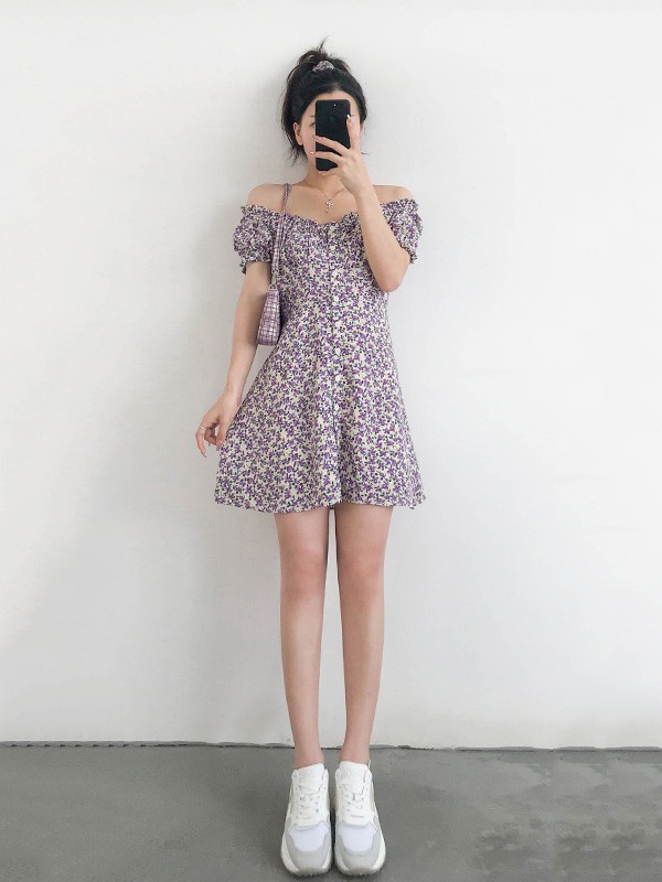 噢吔女装2023春夏季紫色连衣裙