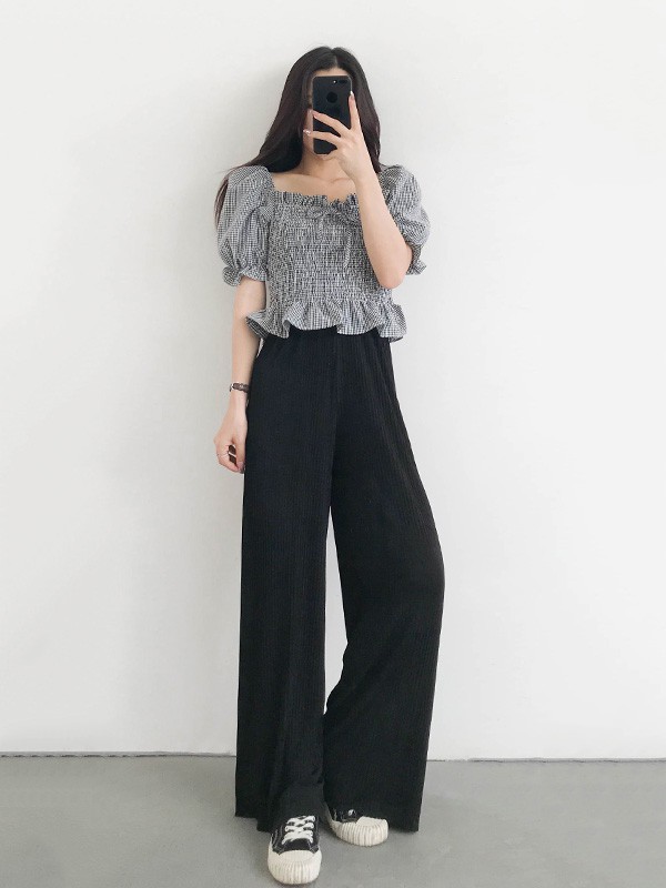 噢吔女装2023春夏季黑色阔腿裤