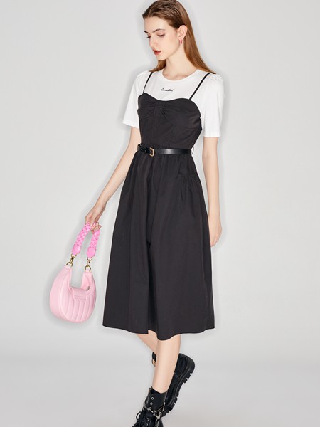 摩凡女装2023春夏季黑色吊带裙