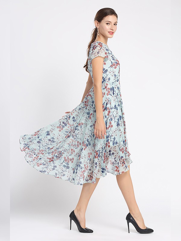 黛绮女装2023春夏季蓝色连衣裙