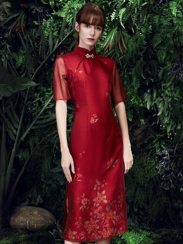 尚约女装2023春夏季红色连衣裙