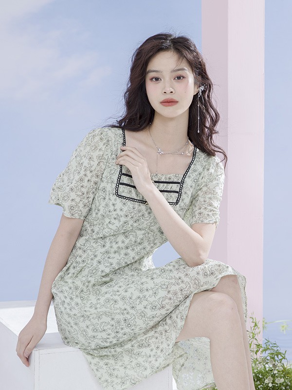 A.YILIAN阿依莲女装2023春夏季绿色连衣裙