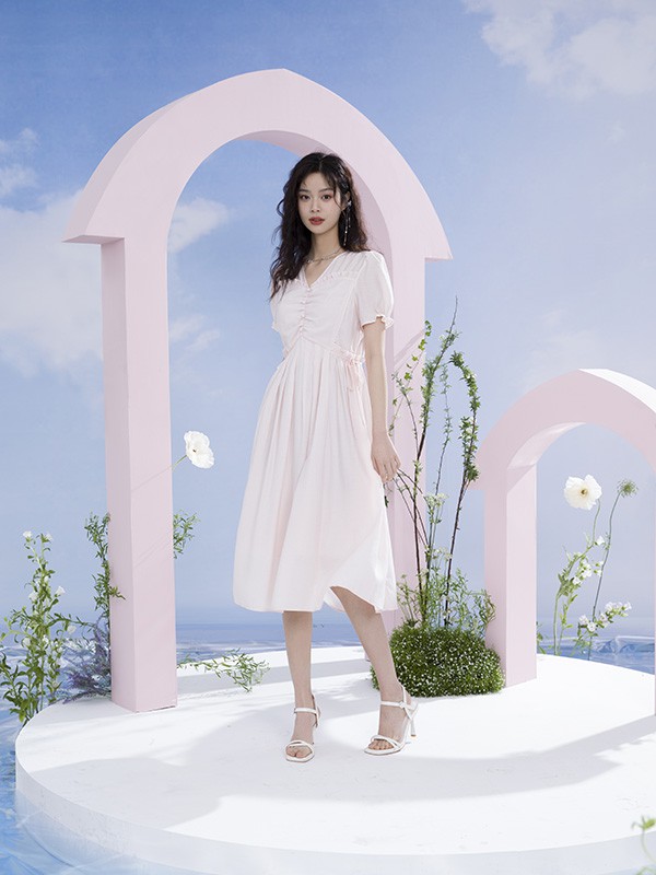 A.YILIAN阿依莲女装2022春夏季粉色连衣裙
