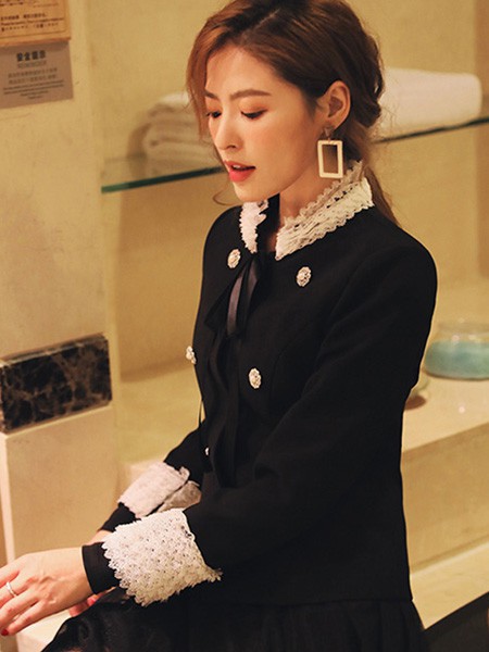 点雅茗绣女装2023春夏季黑色大衣