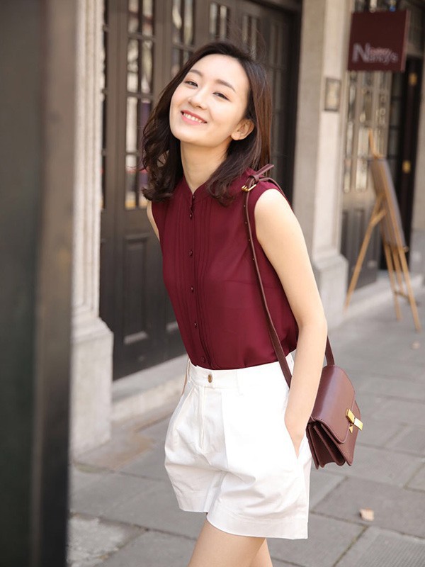 奥柔拉女装2023春夏季酒红色背心