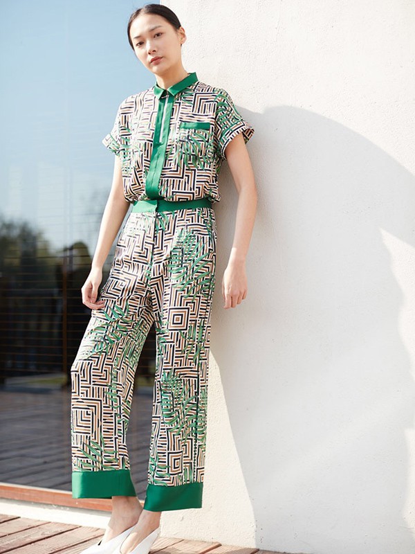 奥柔拉女装2023春夏季绿色阔腿裤