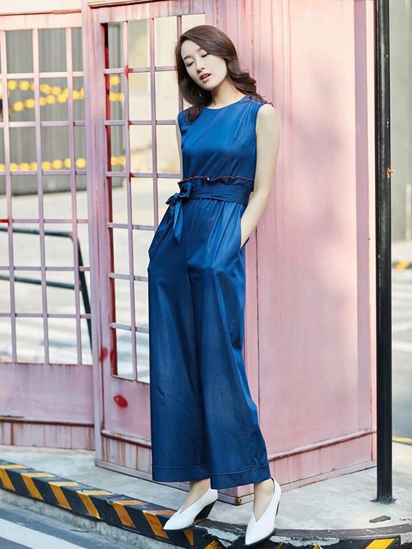 奥柔拉女装2023春夏季藏蓝色阔腿裤