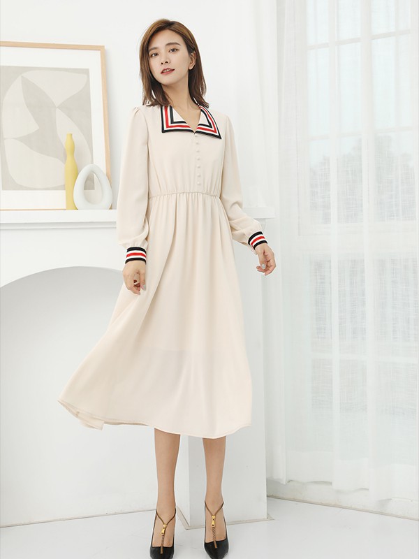 帛逸女装2023春夏季米色连衣裙