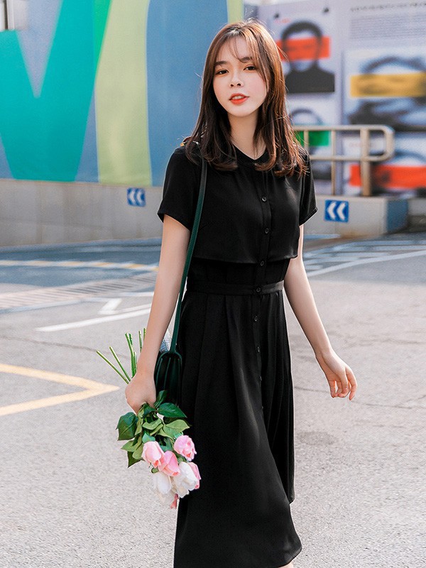 艾夫斯休闲装2023春夏季黑色连衣裙