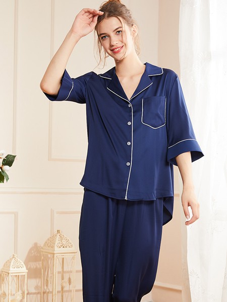 桃花季内衣2023春夏季藏蓝色家居服