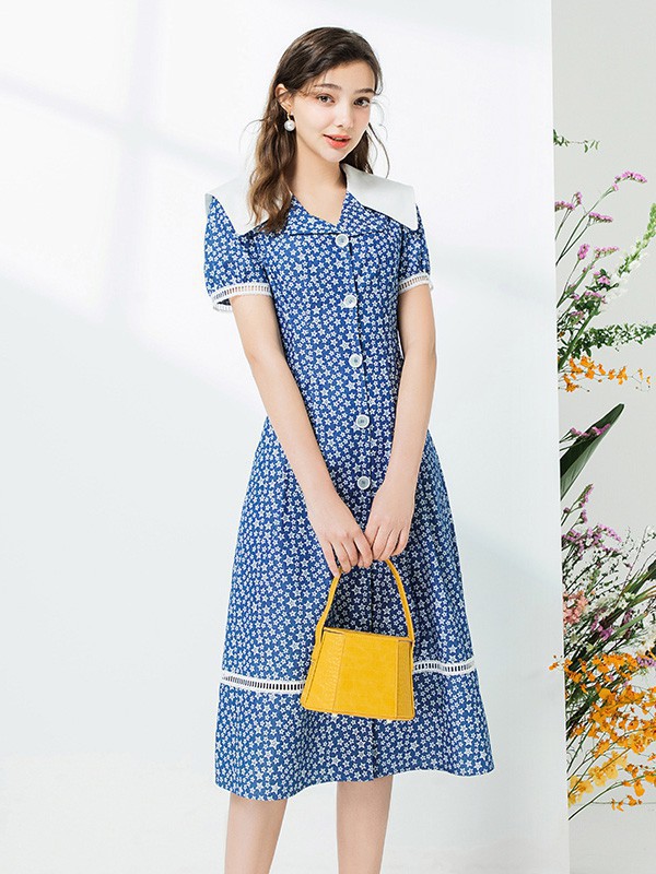 佳人苑女装2023春夏季蓝色连衣裙