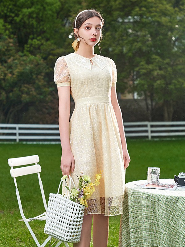 佳人苑女装2023春夏季米色连衣裙