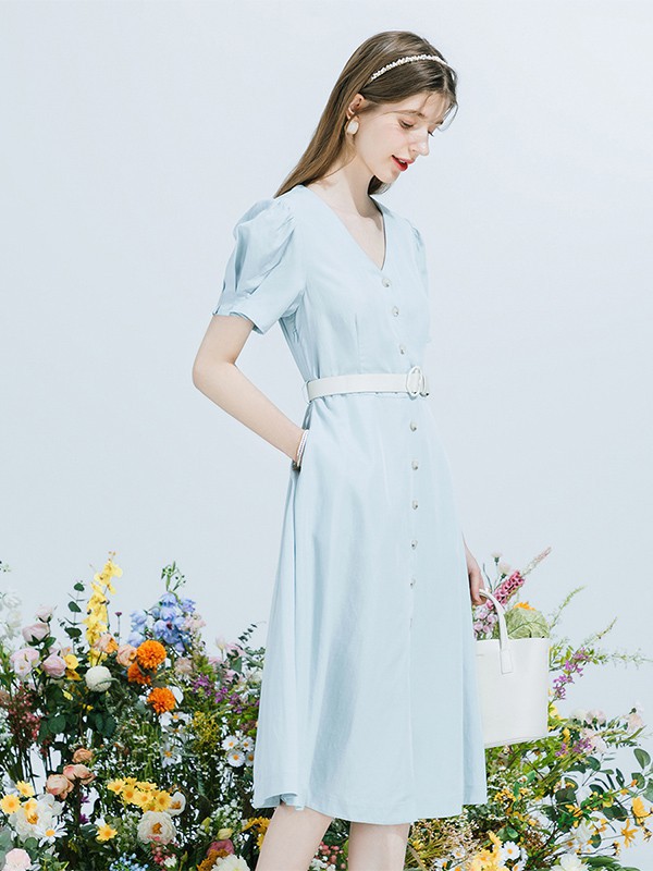 佳人苑女装2023春夏季蓝色连衣裙