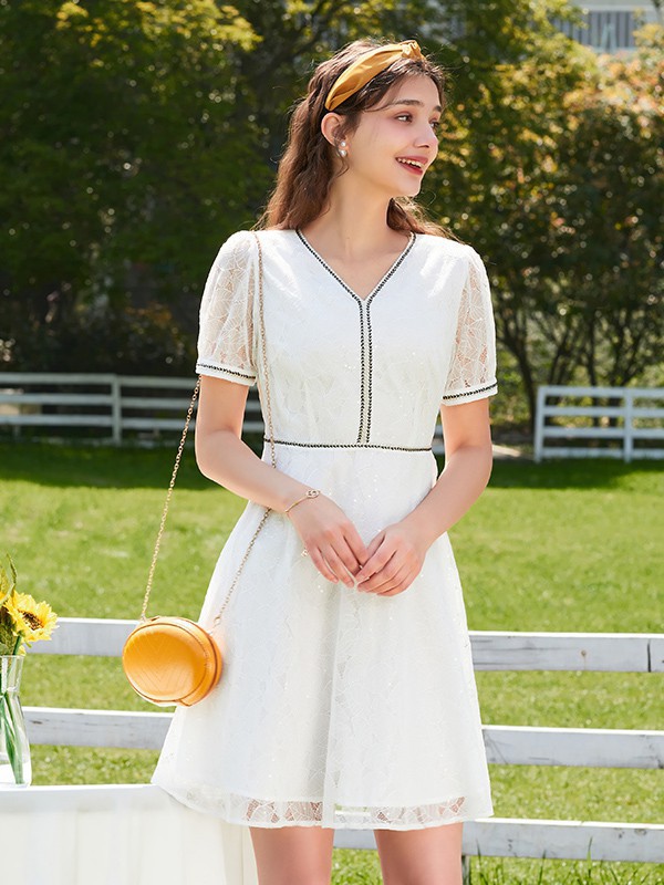 佳人苑女装2023春夏季白色连衣裙